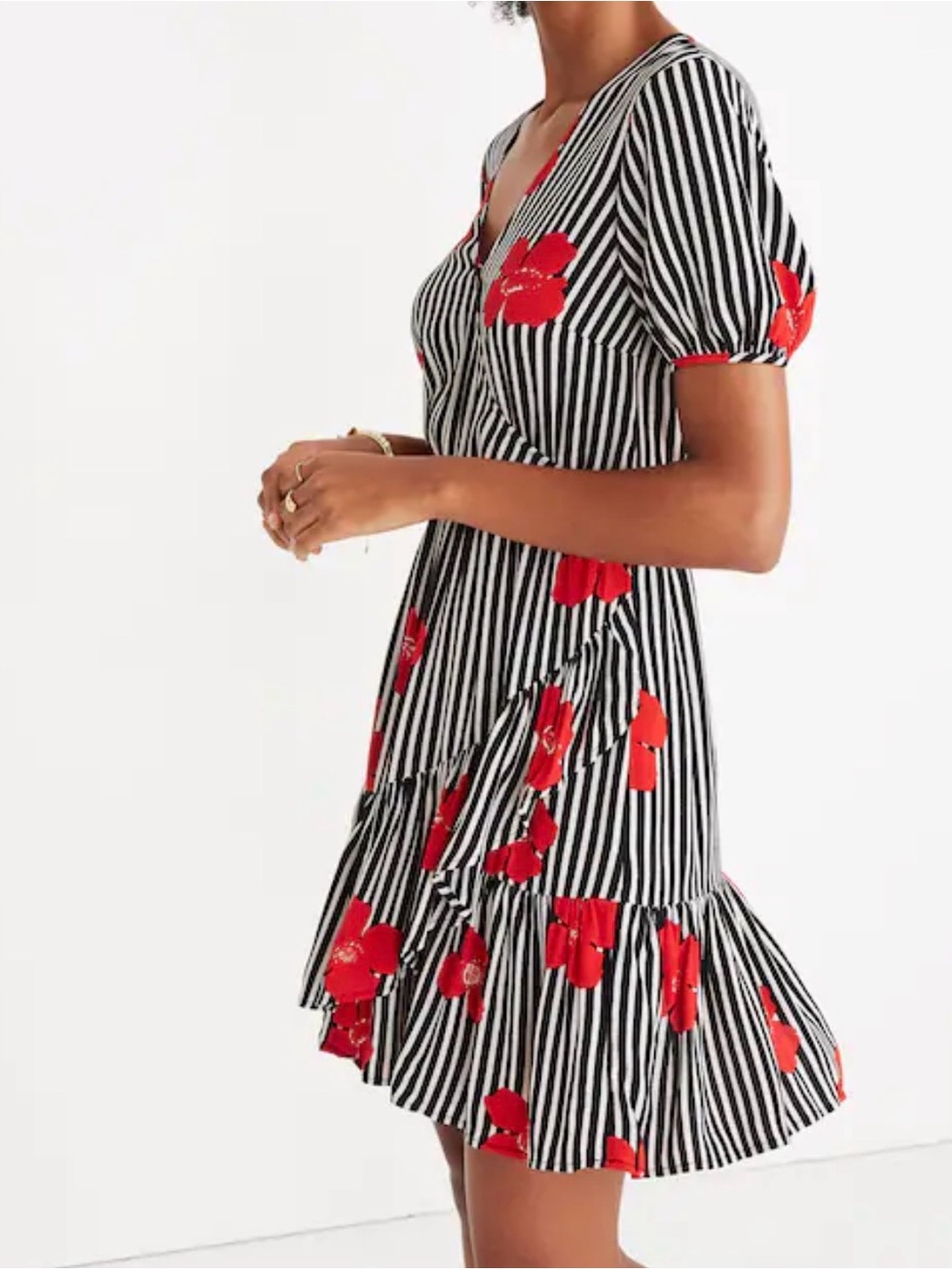 Madewell Black & White Striped Mini Dress with Red Floral Accents Sz 6